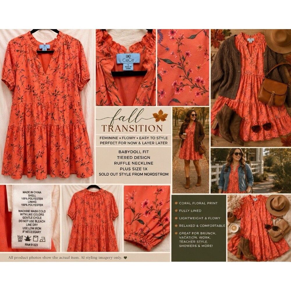CeCe 1X Floral Tiered Babydoll Dress Coral Ruffle Plus Size Fall Boho HTF NWOT